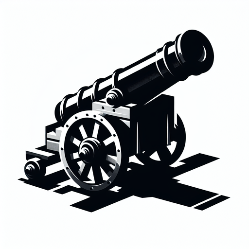 Black cannon.
Single Game Texture.  In-Game asset.  2d.  Blank background.  High contrast.  No shadows