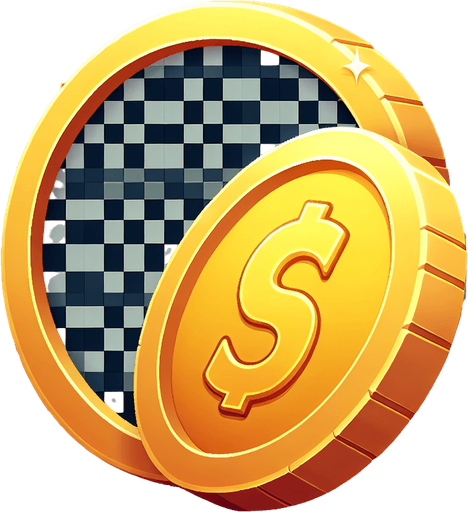 One gold coin.
Single Game Texture.  In-Game asset.  2d.  Blank background.  High contrast.  No shadows