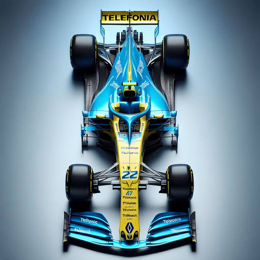 Photorealistic Renault F1 race car, top view. Bright skyblue body. Banana Yellow nose with blue sidelines.
Royalblue Front and Rear wing. Neon-yellow ,,Telefonicai" text on rearwing. 
White ,,TEAM SPIRIT" text on nose. Blue ,,RENAIULT" text on body.