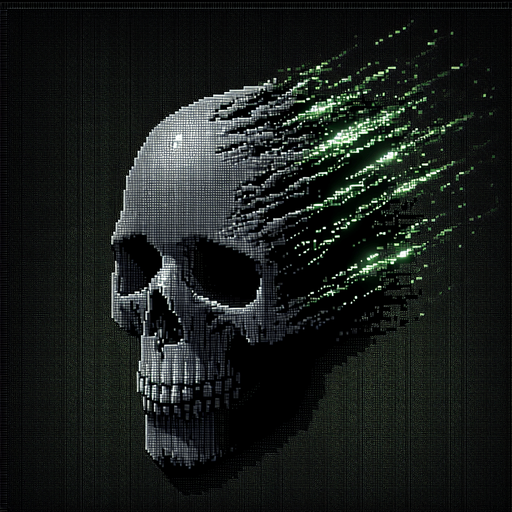 A pixelated skull with green digital "code streams" dripping down, symbolizing a destructive digital attack.
Neon green and dark gray..
Single Game Texture. In-Game asset. 2d. Blank background. High contrast. No shadows.