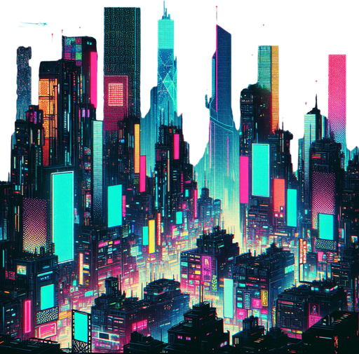 Cyberpunk landscape.
Single Game Texture.  In-Game asset.  2d.  Blank background.  High contrast.  No shadows