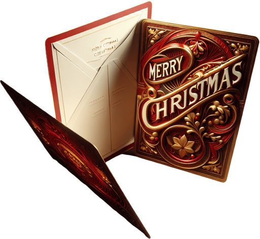 photorealistic red and gold standing and opened postcard with Merry Christmas text