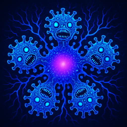 multi-headed virus monster, branching tendrils, glowing core, topdown view, blue and purple neon, organic digital fusion style, symmetrical, circular.
In-Game asset.  2d.  High contrast.  No shadows