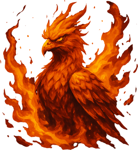 Fénix envuelto en llamas mirando al frente, algo realista, pero no poner un pájaro rojo cualquiera.
In-Game asset.  2d.  High contrast.  No shadows