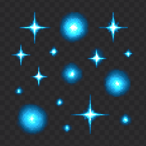 "2D pixel art of glowing blue sparkle effects. Multiple soft, magical blue glows of different sizes are scattered across the canvas, each with a bright core and a gentle radiant halo. Some glows are small star-like sparkles, while others are circular energy pulses or twinkling particles. The blue tones range from light cyan to deep magical blue, giving the effect a mystical and fantasy feel. Designed in a clean, classic 16-bit RPG pixel art style. Transparent background.".
In-Game asset.  2d.  High contrast.  No shadows
