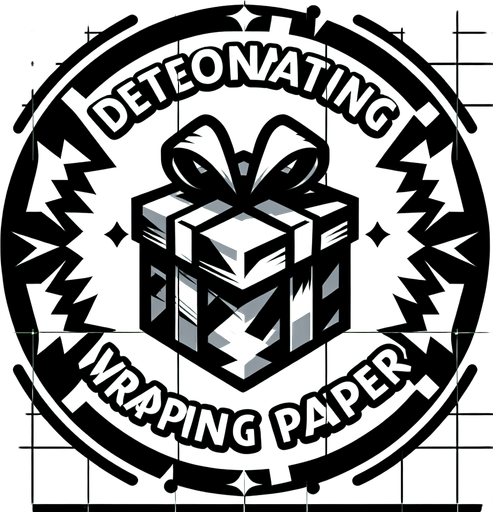 Icon for a explosive present, on a circle, with the text „detonating wrapping paper“ at top, cartoon Single Game Texture. In-Game asset. 2d. Blank background. High contrast. No shadows.