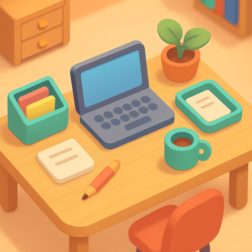 A blurred background in aspect ratio 9/16 showing an office from above. Cute soft graphics. soft ambient light. semi-matte to satin surfaces. naturalistic with slight saturation boost colors. Tone is premium, friendly, clean with lifestyle or service-oriented appeal.
In-Game asset.  2d.  High contrast.  No shadows. top down. View from above..
In-Game asset.  2d.  High contrast.  No shadows