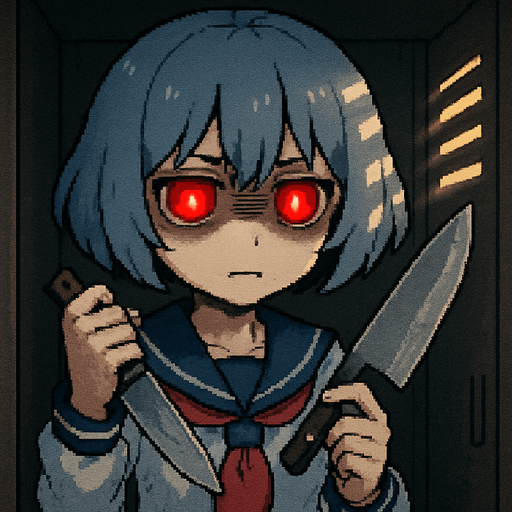 Stella is a 15-year-old anime girl—sweet and incredibly kawaii—with short, soft hair in a bluish-gray tone (HEX: #b0b9d8) and deep black eyes. She wears a traditional Japanese school uniform, the classic sailor-style fuku. In her right hand, she holds a butcher knife. Her expression is serious, and her eyes, now glowing with an intense yandere red, reflect jealousy and obsession. Dark under-eye circles emphasize her unsettling gaze.

She is inside a high school locker in a Japanese school. Her right hand is slightly raised, gripping the knife, while her left hand gently touches the blade with her index finger, mimicking the motion of a clock hand—adding to the eerie atmosphere. To emphasize the feeling of being inside the locker, soft light shines through the ventilation slits, casting dramatic shadows across her face.

The entire scene is rendered in detailed Pixel Art style, enhancing both the cuteness and the unsettling atmosphere of the character and setting.