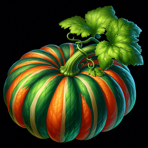 A lush pumpkin at the foot of its green stalk..
Single Game Texture. In-Game asset. 2d. Blank background. High contrast. No shadows.
