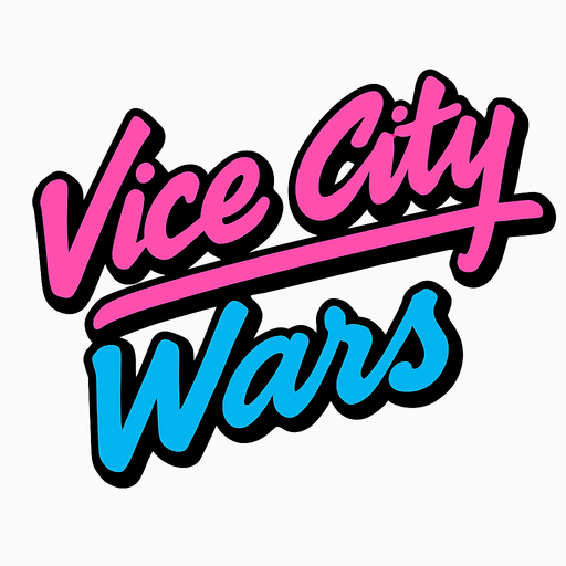 letras de color rosa y azul y con cursiva que digan vice city wars.
In-Game asset.  2d.  High contrast.  No shadows