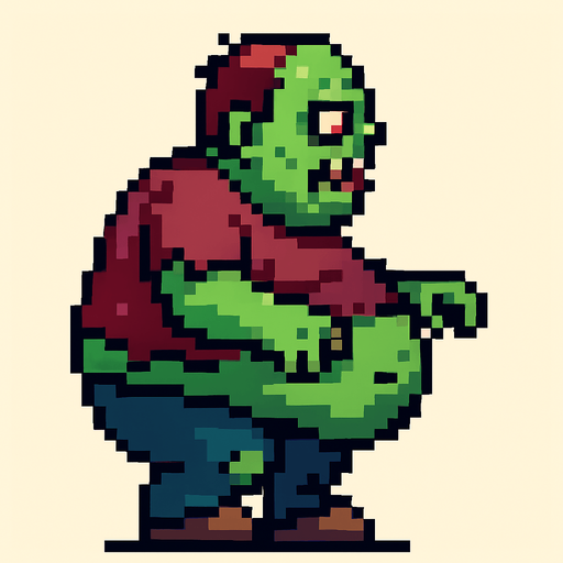 pixel art fat zombie left in a side view..
In-Game asset.  2d.  High contrast.  No shadows