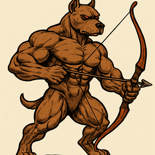 A brown dog that’s really really buff. Full body. Give the dog A bow and arrow. Red eyes.
2D.