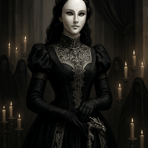 A regal yet enigmatic queen in a black and silver gown, wearing a porcelain mask with only her golden eyes visible. Female, 36 years old, tall and poised, dark wavy hair pinned in a jeweled crown, pale flawless skin. Her gloved hands rest on an ornate scepter with a dragon motif. She stands in a candle-lit throne room surrounded by veiled courtiers. Realistic, highly detailed, gothic royal style. realistic.
In-Game asset.  2d.  High contrast.  No shadows