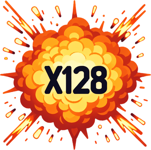 爆炸，里面有“X128”的字样,暖色调.
Single Game Texture. In-Game asset. 2d. Blank background. High contrast. No shadows.