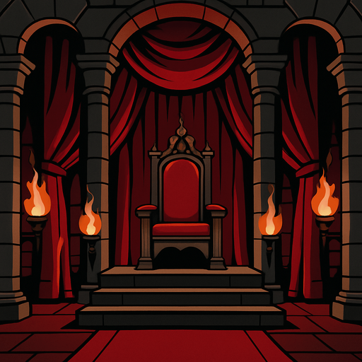 An imposing medieval throne room draped in red velvet, dark stone pillars, torches casting shadows, the throne elevated above all. realistic

In-Game asset.  2d.  High contrast.  No shadows