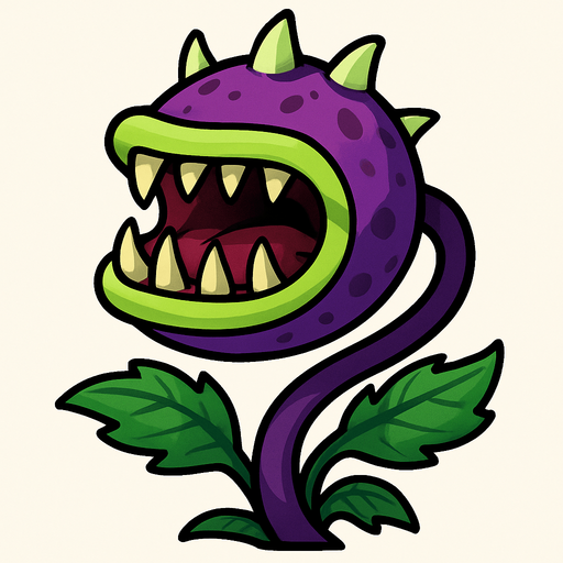Forma general: La planta tiene un cuerpo principal redondeado, similar a una cabeza, de donde emerge un tallo.

Color: El cuerpo principal es de un vibrante color púrpura, salpicado con algunas manchas más oscuras del mismo tono.

Boca: Posee una boca enorme y abierta que domina gran parte de su "cabeza". El borde de la boca es de un color verde lima brillante.

Dientes: En el interior de la boca, se pueden ver numerosos dientes grandes, afilados y puntiagudos, de color blanco o crema, que sugieren su naturaleza carnívora. La encía visible dentro de la boca es de un tono rosa rojizo.

Cuernos/Espinas: En la parte superior de su cabeza, tiene tres o cuatro protuberancias cónicas y afiladas, de color verde claro o blanquecino, que parecen espinas o cuernos.

Tallo y hojas: Un tallo largo y curvado de color púrpura oscuro se extiende desde la parte inferior de la cabeza. Varias hojas verdes, con una forma ondulada o dentada, brotan del tallo, tanto cerca de la cabeza como en la base..
In-Game asset.  2d.  High contrast.  No shadows