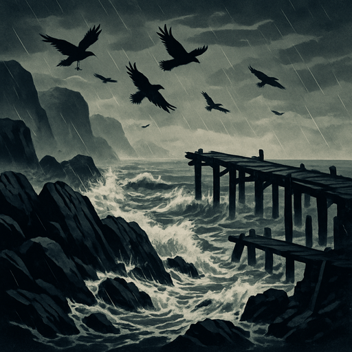 Stormy medieval coastline with jagged rocks and crashing waves, an old broken pier, sea mist, overcast skies, crows circling, moody and realistic.
In-Game asset.  2d.  High contrast.  No shadows