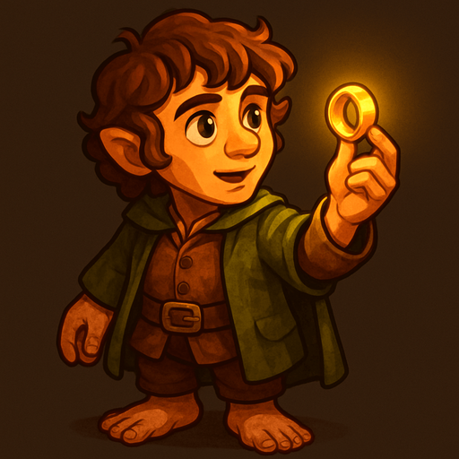 A stylized full-body illustration of a small hobbit holding a glowing ring in one hand, viewed from a 45-degree angle. The hobbit has curly hair, bare feet, and wears rustic, earth-toned clothing with detailed textures. The scene has warm, soft lighting emphasizing the character’s expressive face and the shining ring. The art style is cartoonish with rich colors, smooth shading, and a fantasy atmosphere..
In-Game asset.  2d.  High contrast.  No shadows