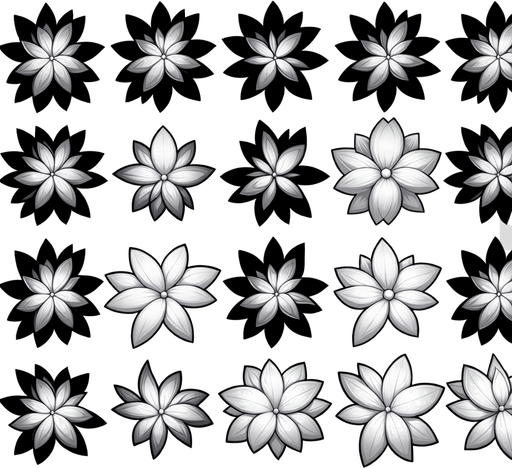 A sprite sheet of white flower petals..
Single Game Texture. In-Game asset. 2d. Blank background. High contrast. No shadows.