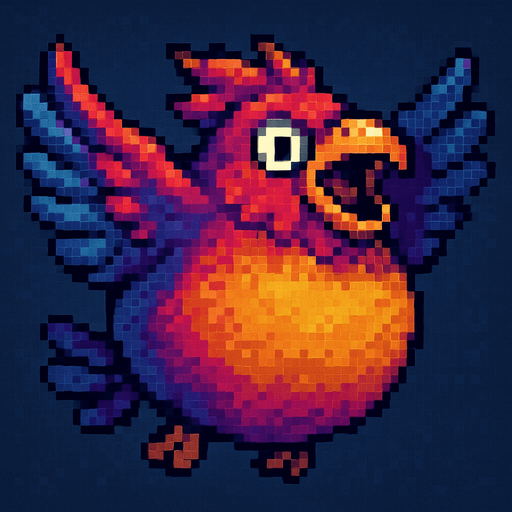 Big fat flaying bird ( Piksel art). Colorful 
In-Game asset.  2d.  High contrast.