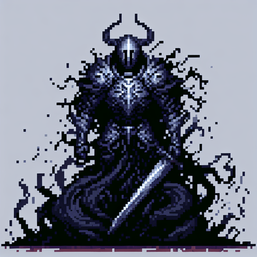 pixel art of an evil fantasy knight. Full body, legs obscured by black mist.
Single Game Texture. In-Game asset. 2d. Blank background. High contrast. No shadows.