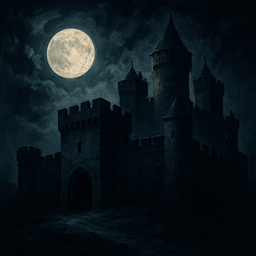 gece yarısı eski ve gerçekçi bir kale resmi.
In-Game asset.  2d.  High contrast