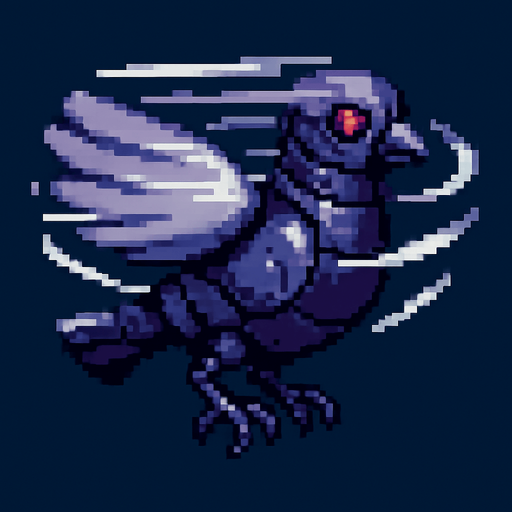 Pixel art of a dark purple robotic pigeon spinning in midair, wings blurred in motion. Enemy type in a 2D arcade game, side view.
In-Game asset.  2d.  High contrast.  No shadows