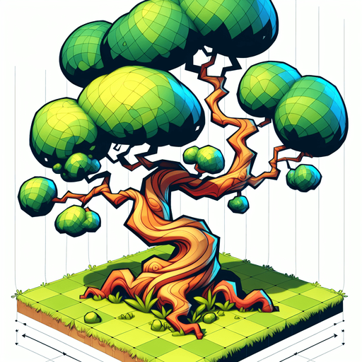 cartoony art style single tree.
In-Game asset.    Blank background.  High contrast.