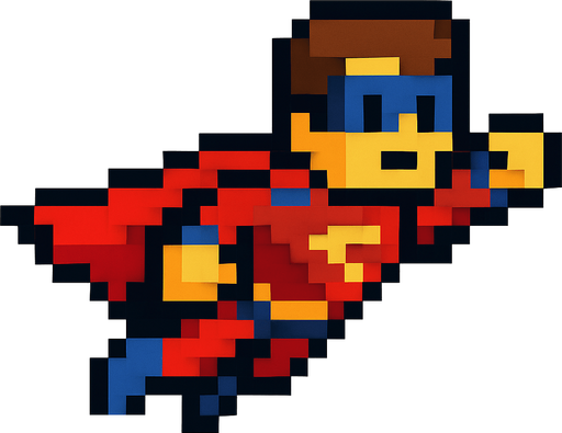 flying pixel art hero.
In-Game asset.  2d.  High contrast.  No shadows