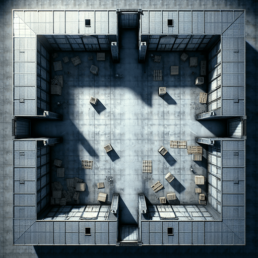 A gritty, industrial warehouse room viewed directly from above. The room has metallic walls, scattered debris, and crates across the floor. There are entrances in the middle center of each wall: top, bottom, left, and right, resembling doorways. The room fills the entire frame, with dim lighting to create an intense atmosphere..
Full-frame, top-down view of an industrial warehouse room. Metallic walls, scattered debris, and crates. Open entrances centered on each wall: top, bottom, left, and right. Dim lighting, no 3D perspective.