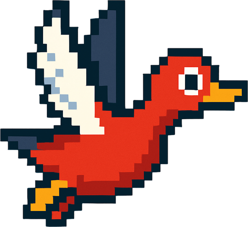 pixart red duck flying.
In-Game asset.  2d.  High contrast.  No shadows