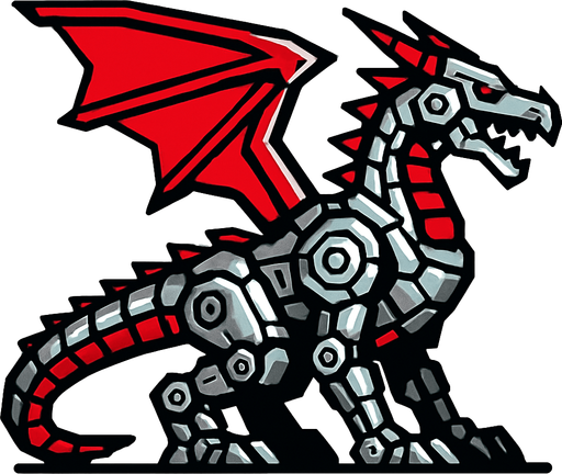 silver red row dragon mecha side scroller.
In-Game asset.  2d.  High contrast.  No shadows