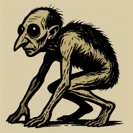 The image depicts a strange, humanoid creature with an unusual and unsettling appearance. It has a small, elongated head with a pointed nose and large, dark eyes that seem to bulge slightly. The creature has sparse, dark hair on its head, which appears messy and uneven. Its body is thin and frail, covered with patchy, coarse hair across its back and sides. The creature is crouched on all fours, with long, thin arms and legs that bend awkwardly. Its skin looks pale and wrinkled, and it has a hunched posture, as if it is crawling or moving slowly..
In-Game asset.  2d.  High contrast.  No shadows