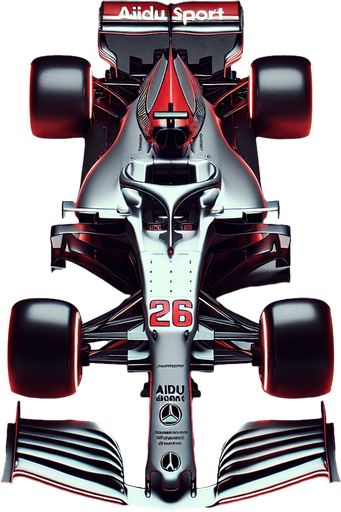 Photorealistic AUDI F1 race car, top view. 
Hex Color Code: #FF2A1B
Silver body with black stripes.
Luminous bright red rear wing and front wing, 
Audi's 4 piece of white ring on rear wing. 
White ,,Aidu Sport" text on front wing. 
red 26 number on nose.