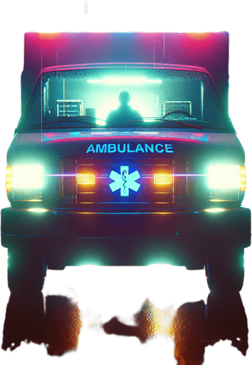 front of an ambulance with a silouhete of a driver..
video game style