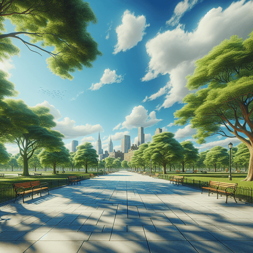 Photorealistic real bluesky. Looking from an empty park