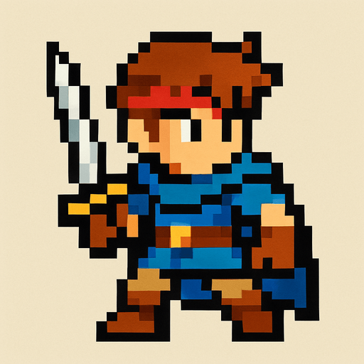 2d hero swordsman pixel sprite.
In-Game asset.  2d.  High contrast.  No shadows