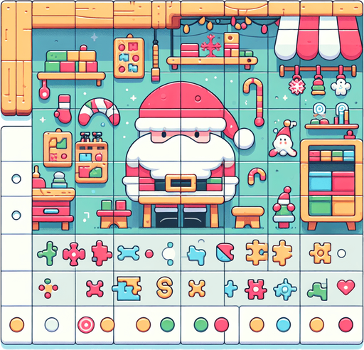 Background for hyper casual puzzle game. Showing Santas workshop. Pastel colors, flat shaded, vector art. Single Game Texture. In-Game asset. 2d. Blank background. High contrast. No shadows.