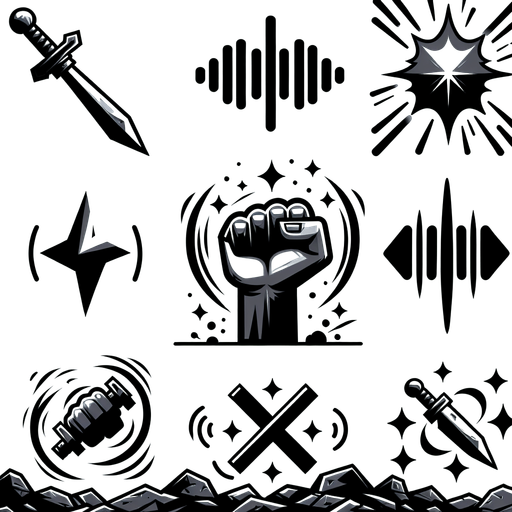 A dagger or fist icon striking, but with sound waves around it being cancelled or muffled (e.g., crossed out or dissolving)..
Single Game Texture.  In-Game asset.  2d.  Blank background.  High contrast.  No shadows