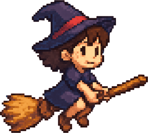 16 bit image litle girl ride flyng broom stick.
In-Game asset.  2d.