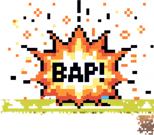 pixel art "bap!" explosion
Single Game Texture. In-Game asset. 2d. Blank background. High contrast. No shadows.