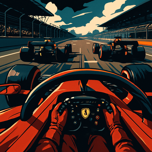 formula 1 start line Only two vehicles in front (from the driver's perspective inside the car).(Don't let the lights show) in the ferrari car. (look like a quality animation)
. High contrast.