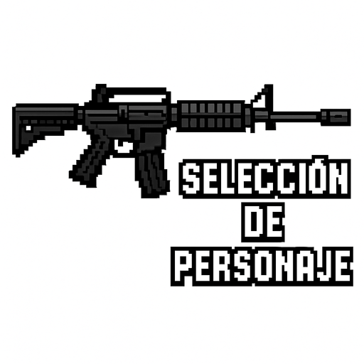 un rifle de asalto m4 negro que en medio diga seleccion de personaje hecho con pixeles.
In-Game asset.  2d.  High contrast.  No shadows