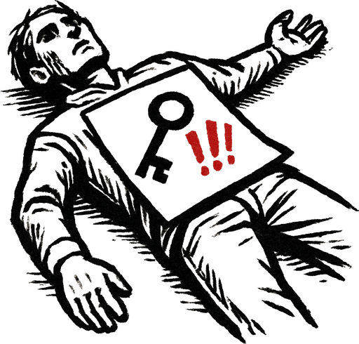 a drawing pic by pen about a dead body have paper on his stomach have key painting and "!!!" beside it, red color of "!!!".
In-Game asset.  2d.  High contrast.  No shadows