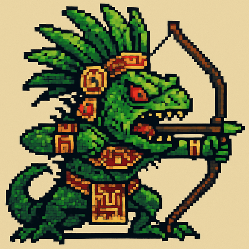 Genérame una Iguana Verde guerrero azteca con eso patrones, estilo pixelar, con una apariencia maligna, ojos rojos, rabioso. Unidad a distancia, con un arco o cerbatana. Animal.
In-Game asset.  2d.  High contrast.  No shadows