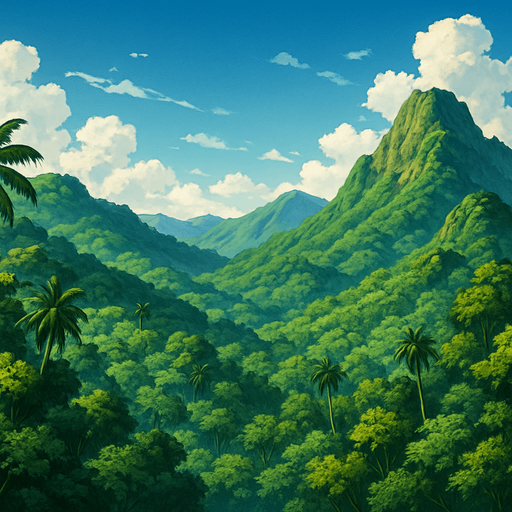 panorame wied gambar hutan tropis pegunungan dan langit biru cerah gaya anime vinland saga