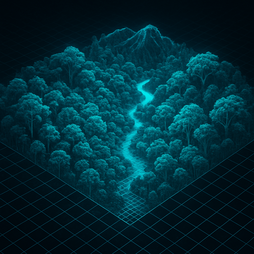 Top down isometric cyberpunk simulation hologram grid projection forest biome, wilderness dense foliage wild rainforest mountain river