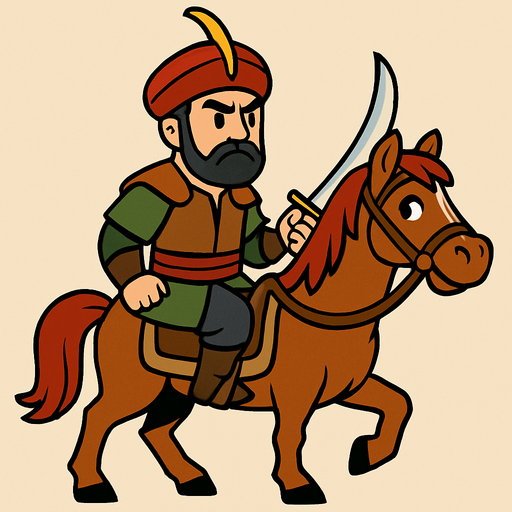 Animasyon çizgi dizi tarzında bir At üstünde bir Osmanlı süvarisi.
In-Game asset.  2d.  High contrast.  No shadows