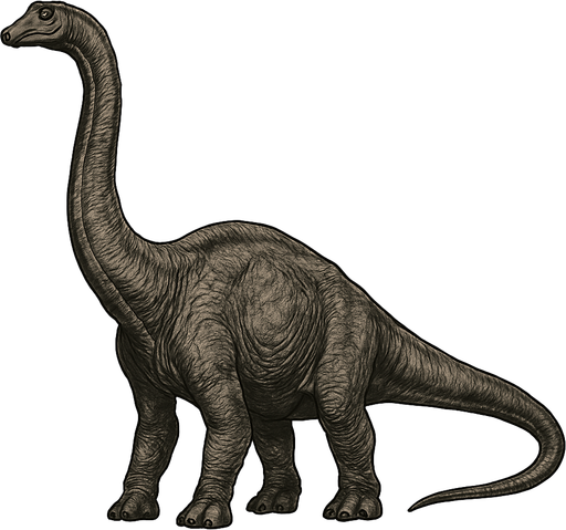 A massive Diplodocus dinosaur shown in a calm standing pose on a transparent background. It has an extremely long neck and tail, with a large bulky body covered in grayish-brown textured scales. The head is small with gentle eyes and a narrow snout. The skin shows wrinkles and rough textures, emphasizing the dinosaur’s massive size and ancient nature. The legs are thick and sturdy, supporting its heavy frame..
In-Game asset.  2d.  High contrast.  No shadows