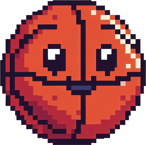 pixel art basketball with a smiley face looking left.
Single Game Texture. In-Game asset. 2d. Blank background. High contrast. No shadows.